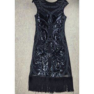 Sequined Fringe Black Sleeveless Cocktail Dress Elegant Art Deco Style Polyester